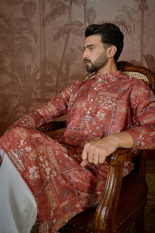 Ethnic Bay Mens Silk Blend Pink Abstract Printed Kurta With Trouser MKSET2432