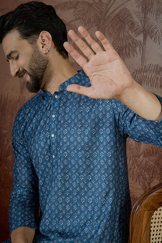 Ethnic Bay Mens Blue Poly Linen Floral Print Regular Kurta With Trouser MKSET2433
