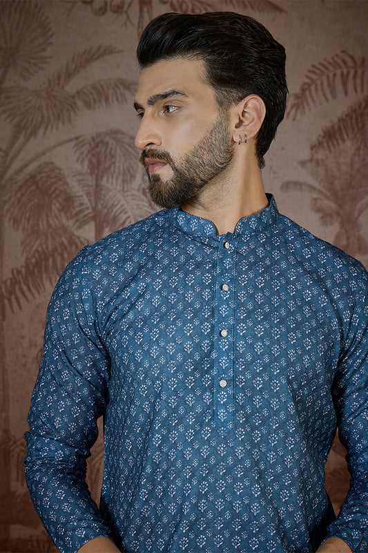 Ethnic Bay Mens Blue Poly Linen Floral Print Regular Kurta MKU2433