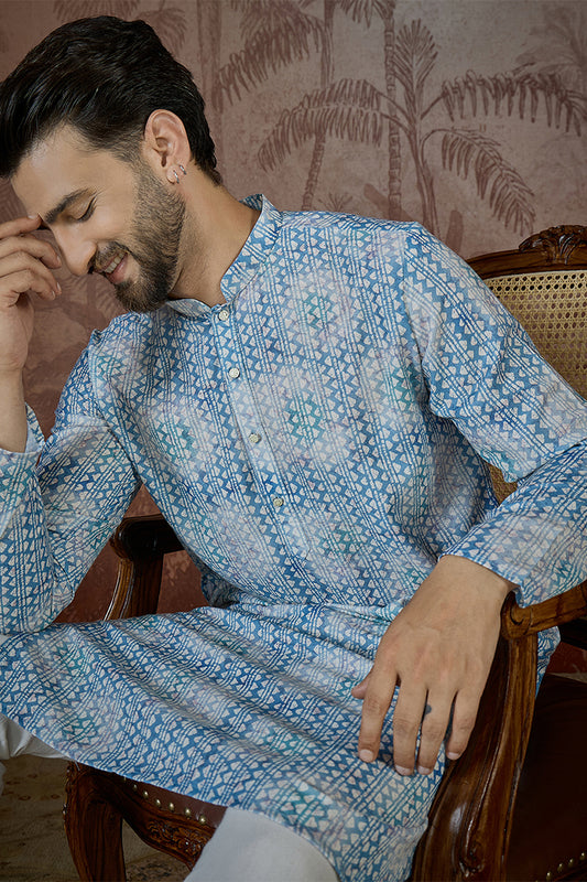 Ethnic Bay Mens Blue Linen Ethnic Motifs Printed Regular Kurta With Trouser MKSET2434