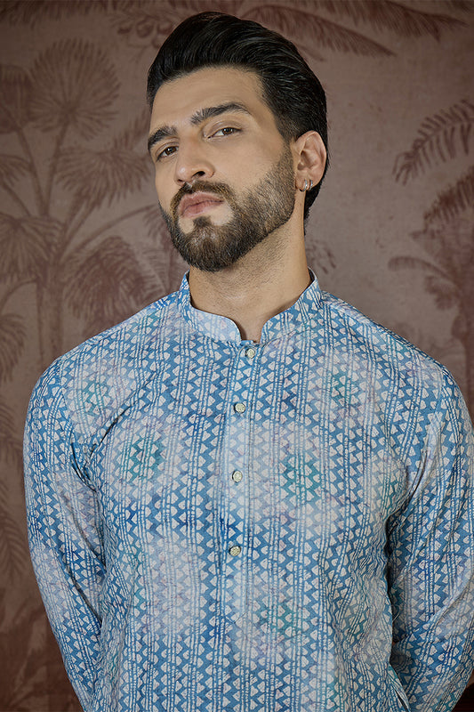 Ethnic Bay Mens Blue Linen Ethnic Motifs Printed Regular Kurta With Trouser MKSET2434