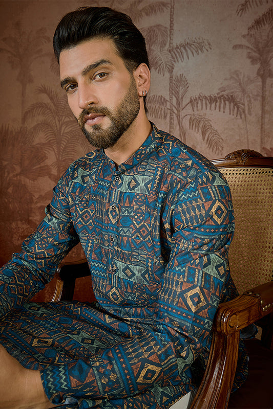 Ethnic Bay Mens Multi Linen Geometric Printed Kurta With Trouser MKSET2435