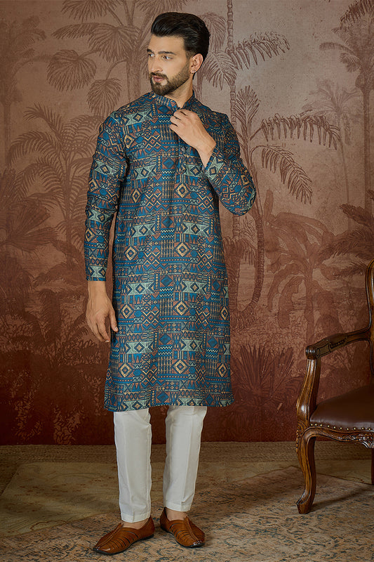 Ethnic Bay Mens Multi Linen Geometric Printed Kurta With Trouser MKSET2435