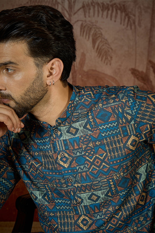 Ethnic Bay Mens Multi Linen Geometric Printed Kurta With Trouser MKSET2435