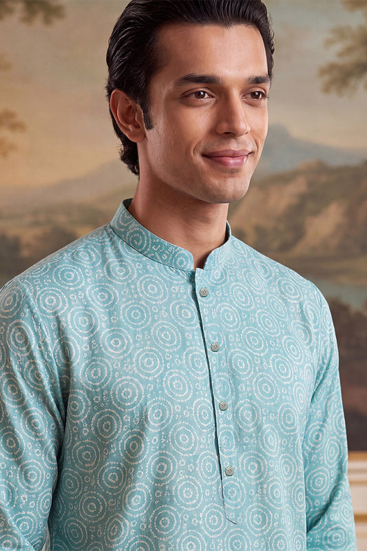 Ethnic Bay Mens Blue Linen Bandhani Printed Regular Kurta With Trouser MKSET2436