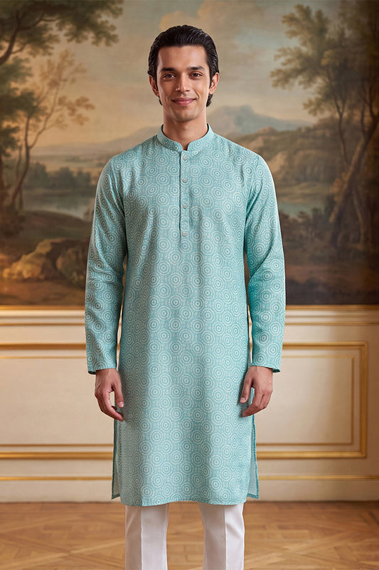 Ethnic Bay Mens Blue Linen Bandhani Printed Regular Kurta MKU2436