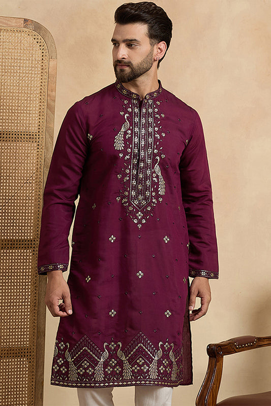 Ethnic Bay Mens Purple Silk Blend Solid Embroidered Zari Kurta MKU2442