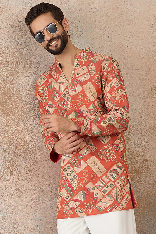 Ethnic Bay Mens Coral Silk Blend Abstract Embroidered Kurta MKU2458