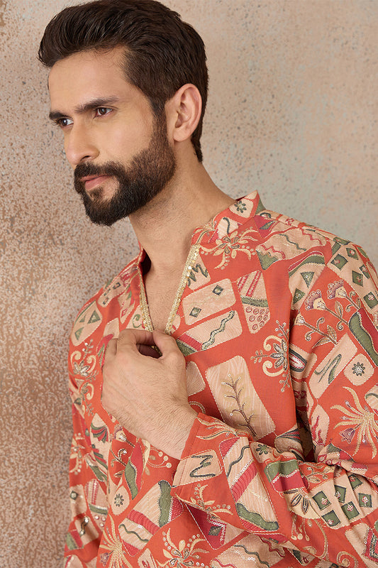 Ethnic Bay Mens Coral Silk Blend Abstract Embroidered Kurta MKU2458