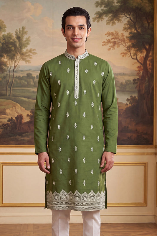 Ethnic Bay Mens Green Silk Blend Solid Embroidered Kurta MKU2486