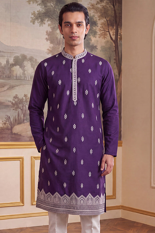 Ethnic Bay Mens Violet Silk Blend Solid Embroidered Kurta With Trouser MKSET2487