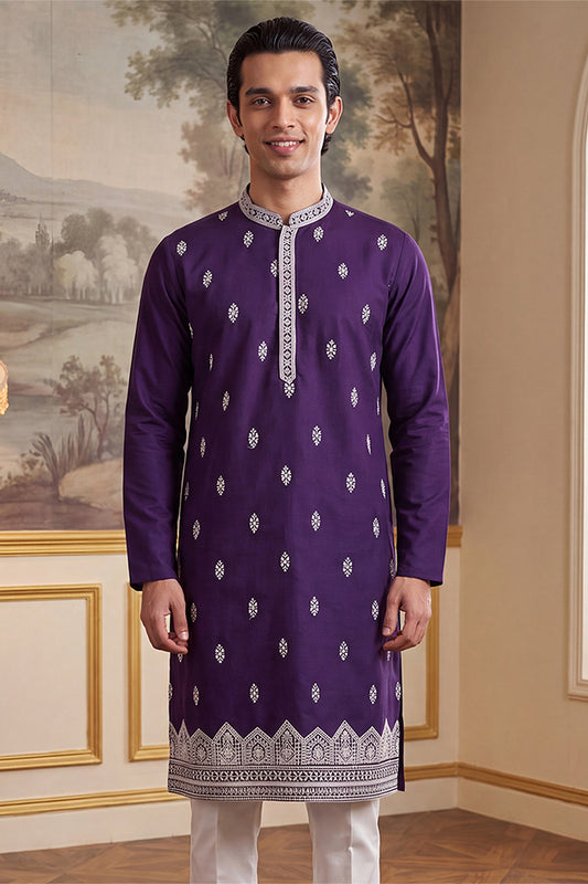 Ethnic Bay Mens Violet Silk Blend Solid Embroidered Kurta MKU2487