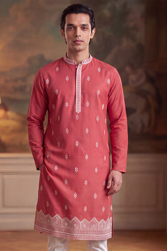Ethnic Bay Mens Peach Silk Blend Solid Embroidered Kurta With Trouser MKSET2488