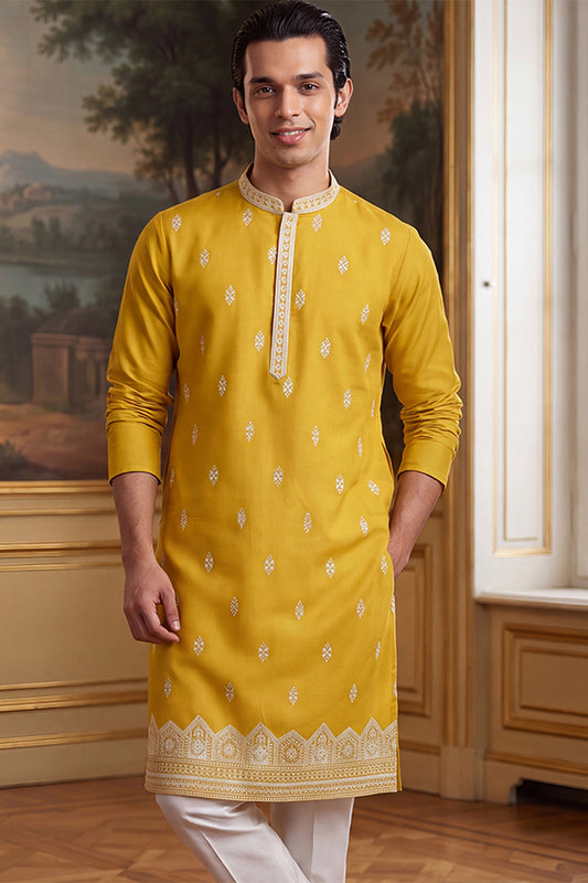 Ethnic Bay Mens Yellow Silk Blend Solid Embroidered Kurta With Trouser MKSET2489