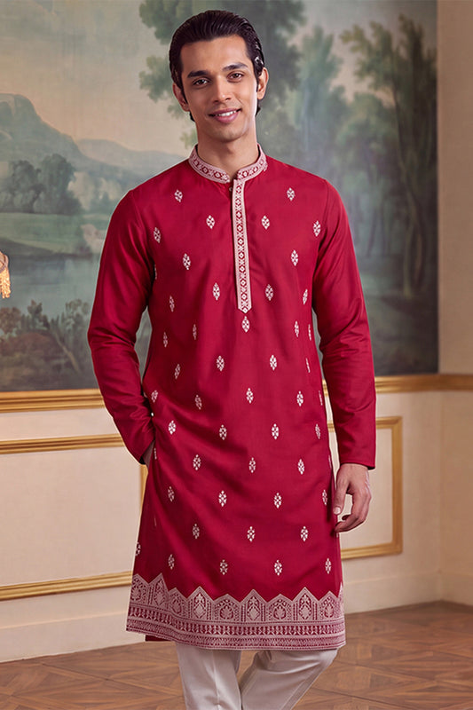 Ethnic Bay Mens Pink Silk Blend Solid Embroidered Kurta With Trouser MKSET2490