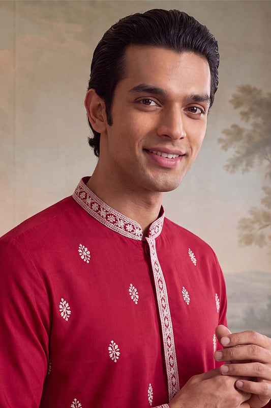 Ethnic Bay Mens Pink Silk Blend Solid Embroidered Kurta MKU2490