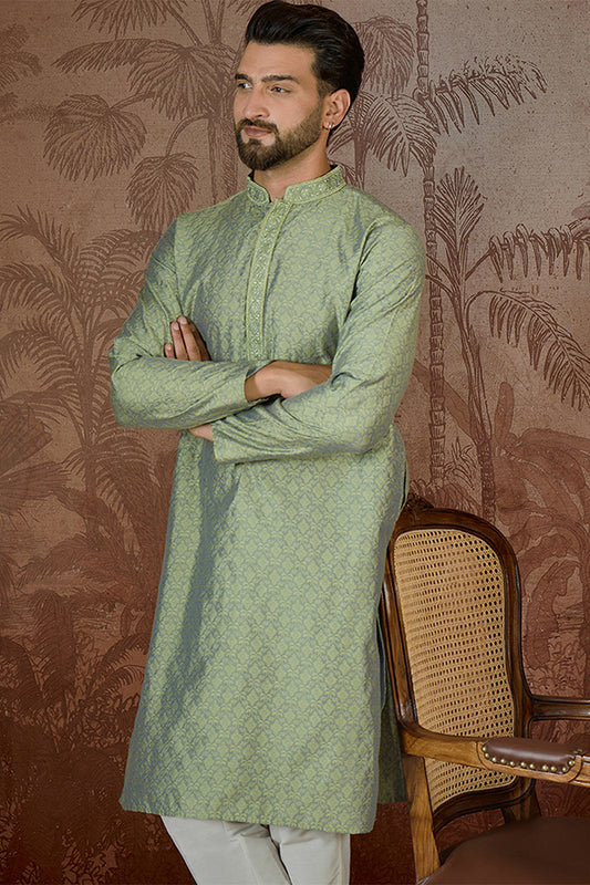 Ethnic Bay Mens Green Jacquard Solid Embroidered Kurta With Trouser MKSET2499