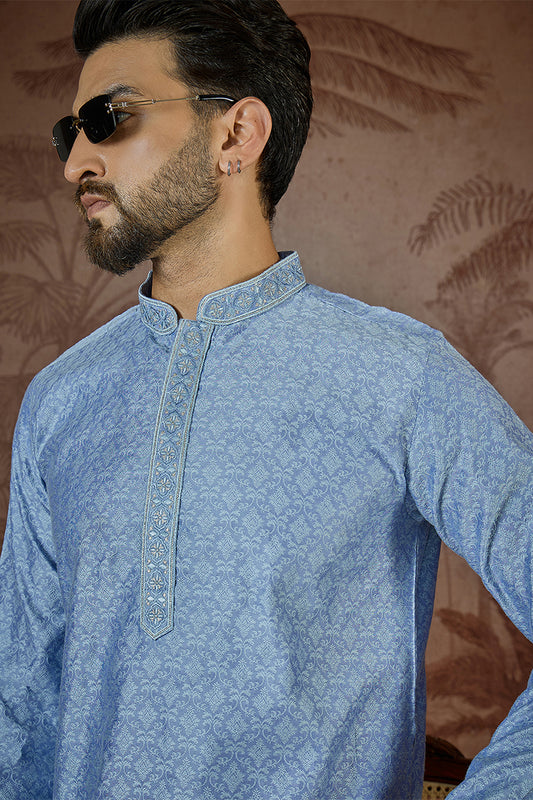 Ethnic Bay Mens Blue Jacquard Solid Embroidered Kurta With Trouser MKSET2500