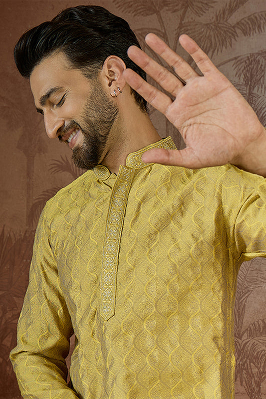 Ethnic Bay Mens Yellow Jacquard Solid Embroidered Kurta With Trouser MKSET2501