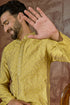 Ethnic Bay Mens Yellow Jacquard Solid Embroidered Kurta With Trouser MKSET2501