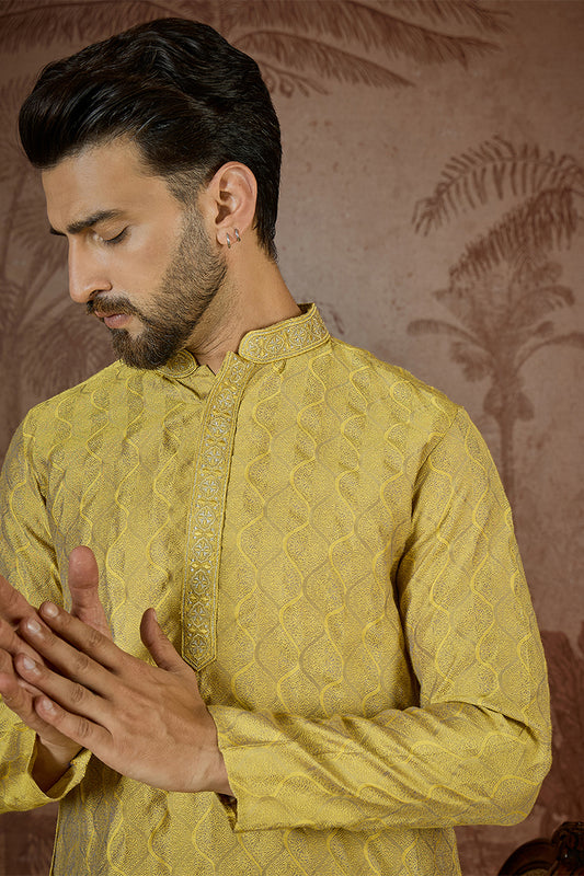 Ethnic Bay Mens Yellow Jacquard Solid Embroidered Kurta With Trouser MKSET2501