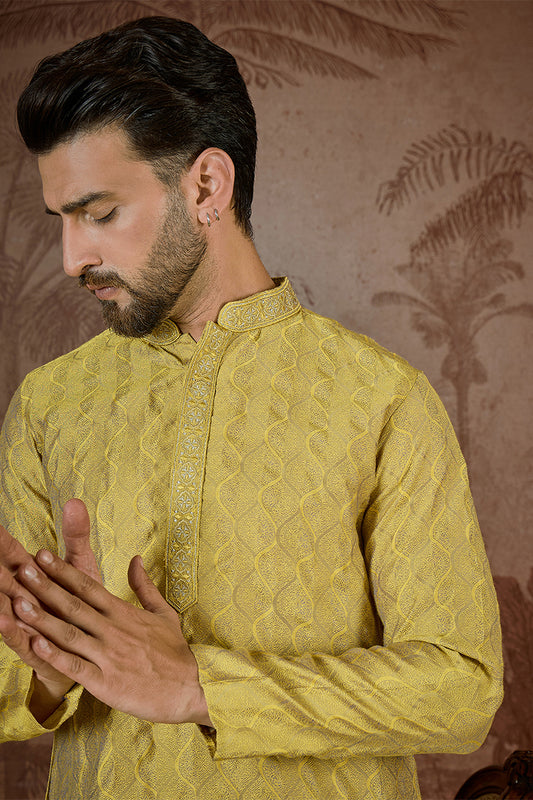 Ethnic Bay Mens Yellow Jacquard Solid Embroidered Kurta With Trouser MKSET2501
