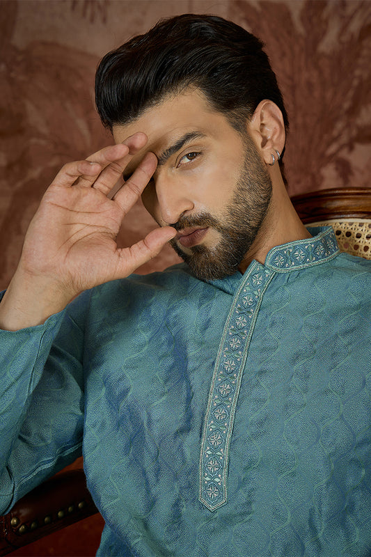 Ethnic Bay Mens Teal Jacquard Solid Embroidered Kurta MKU2502