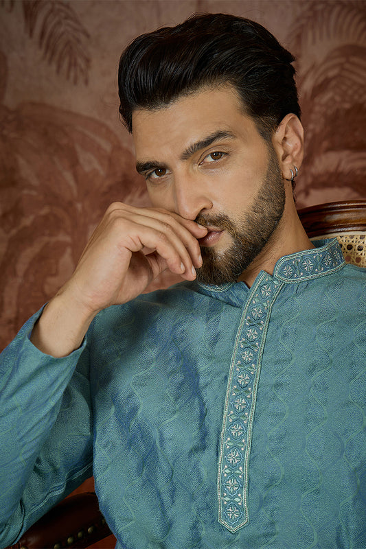 Ethnic Bay Mens Teal Jacquard Solid Embroidered Kurta With Trouser MKSET2502