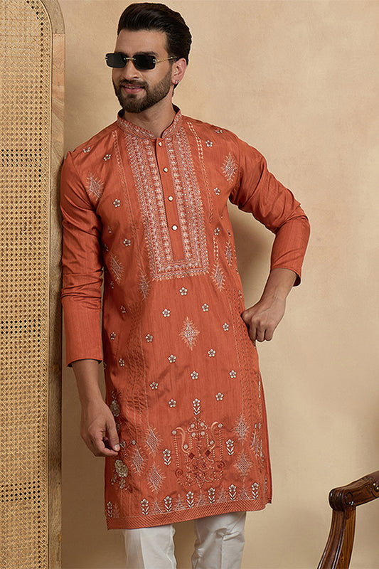 Ethnic Bay Mens Orange Silk Blend Solid Embroidered Straight Kurta MKU2524