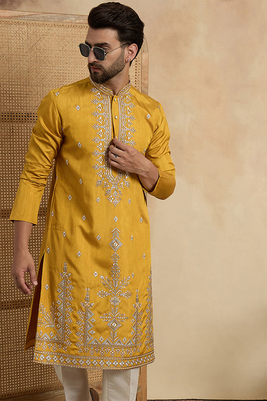 Ethnic Bay Mens Yellow Silk Blend Solid Embroidered Straight Kurta MKU2525