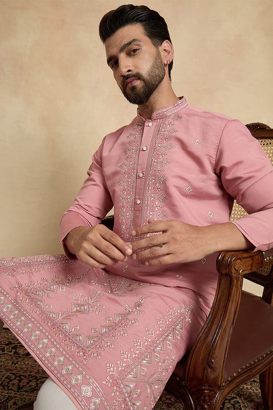 Ethnic Bay Mens Pink Silk Blend Solid Embroidered Straight Kurta MKU2526