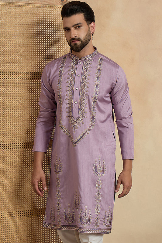 Ethnic Bay Mens Lavender Silk Blend Solid Embroidered Straight Kurta MKU2527