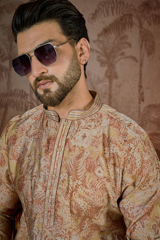 Ethnic Bay Mens Beige Silk Blend Floral Printed  Kurta With Trouser MKSET2533