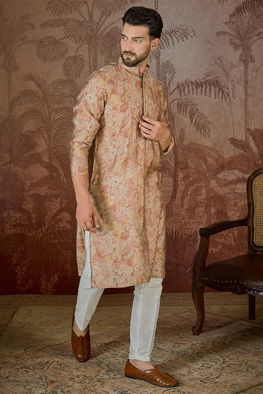 Ethnic Bay Mens Beige Silk Blend Floral Printed  Kurta With Trouser MKSET2533