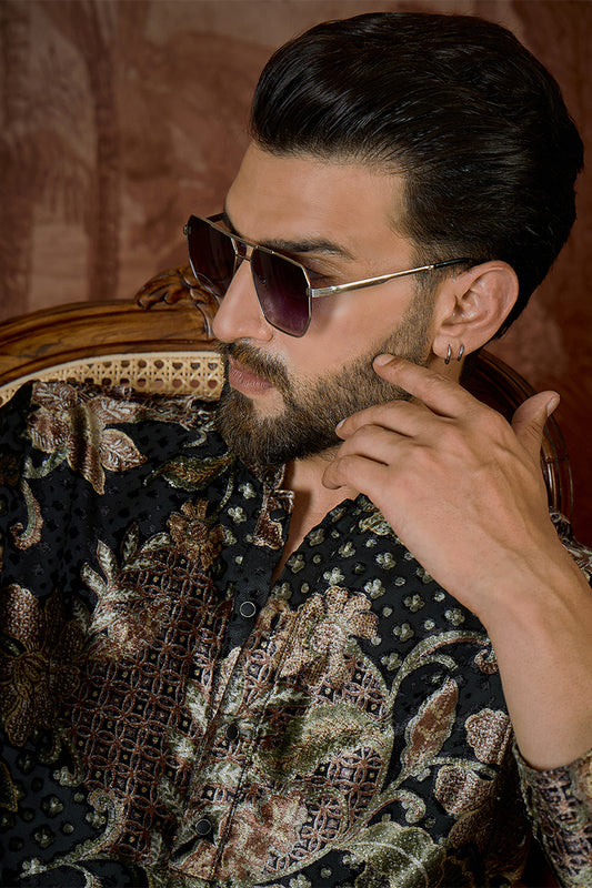 Ethnic Bay Mens Black Velvet Floral Printed  Kurta With Trouser MKSET2540