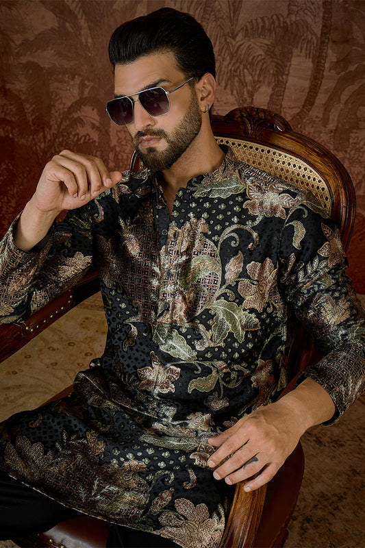 Ethnic Bay Mens Black Velvet Floral Printed  Kurta With Trouser MKSET2540