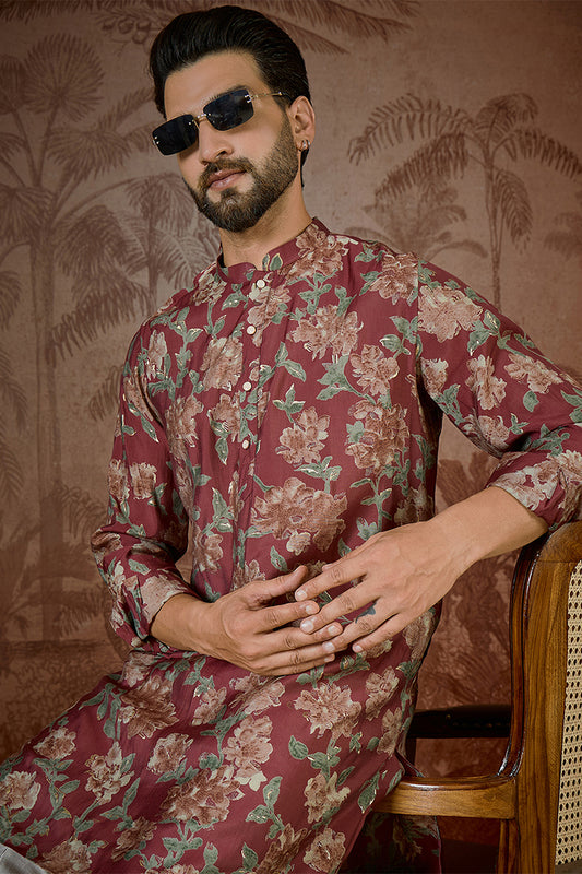 Ethnic Bay Mens Maroon Silk Blend Floral Printed Kurta With Trouser MKSET2541