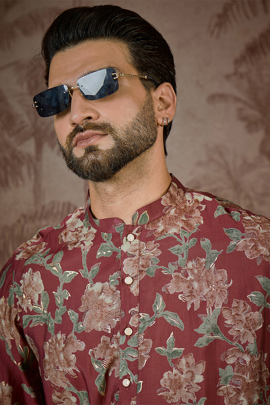 Ethnic Bay Mens Maroon Silk Blend Floral Printed Kurta MKU2541