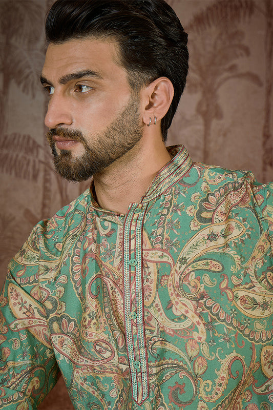 Ethnic Bay Mens Green Silk Blend Ethnic Motifs Printed  Kurta With Trouser MKSET2544