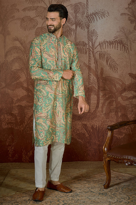 Ethnic Bay Mens Green Silk Blend Ethnic Motifs Printed  Kurta With Trouser MKSET2544