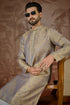 Ethnic Bay Mens Grey Jacquard Geometric Embroidered Kurta MKU2548