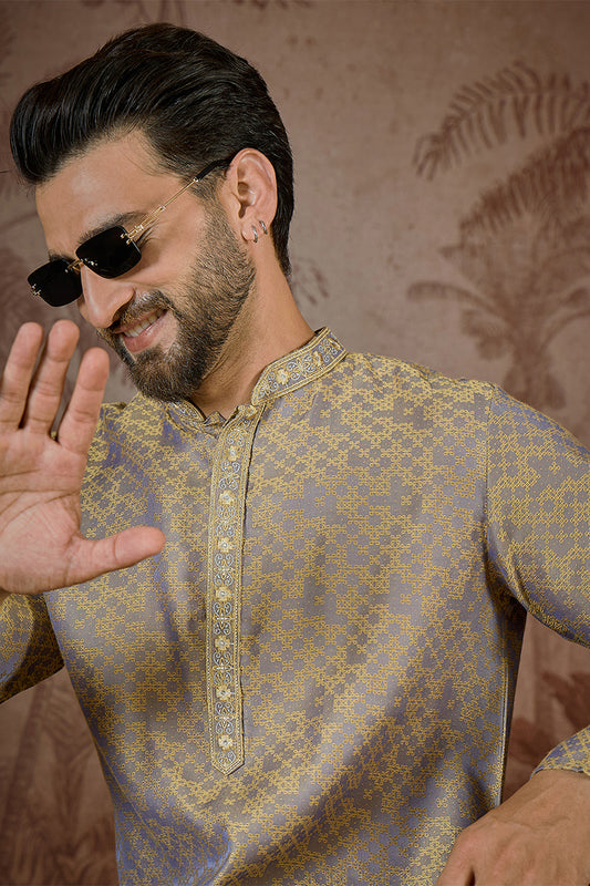 Ethnic Bay Mens Grey Jacquard Geometric Embroidered Kurta With Trouser MKSET2548
