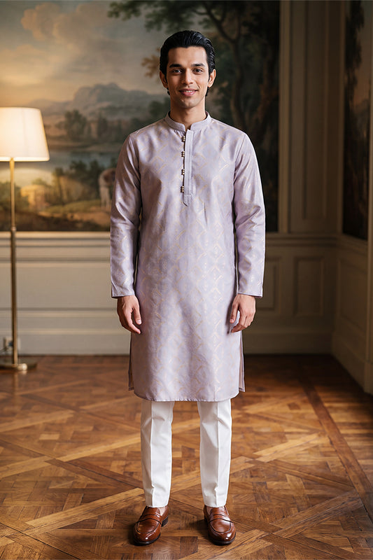 Ethnic Bay Mens Lavender Jacquard Geometric Embroidered Kurta MKU2553