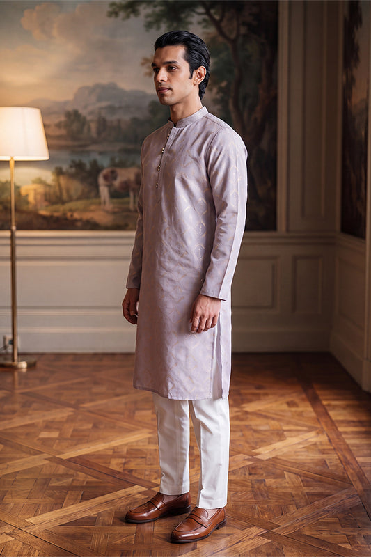 Ethnic Bay Mens Lavender Jacquard Geometric Embroidered Kurta MKU2553