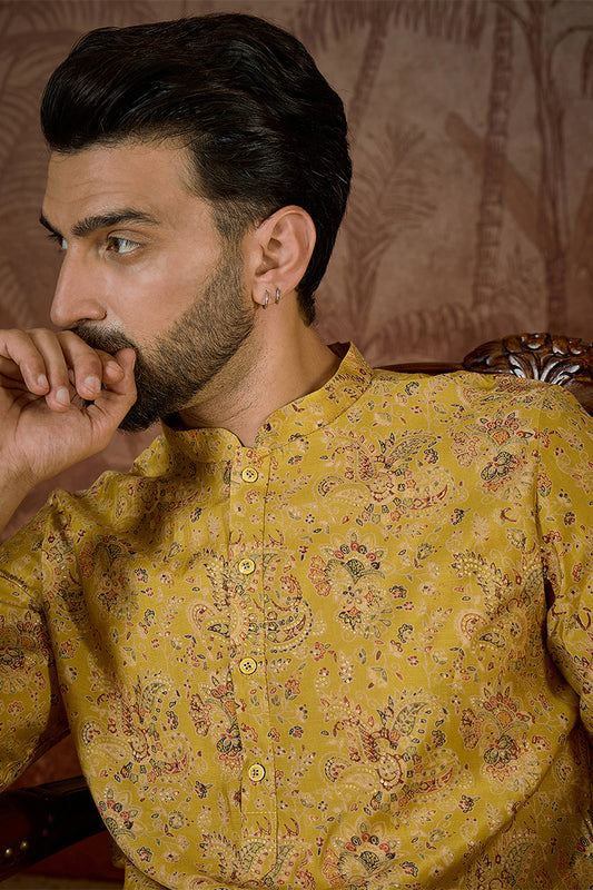 Ethnic Bay Mens Mustard Silk Blend Ethnic Motifs Printed Kurta With Trouser MKSET2559