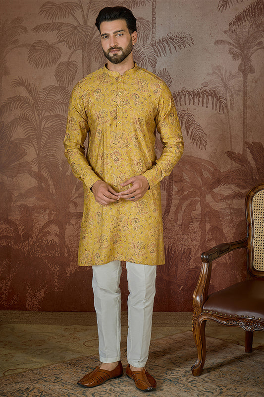 Ethnic Bay Mens Mustard Silk Blend Ethnic Motifs Printed Kurta With Trouser MKSET2559