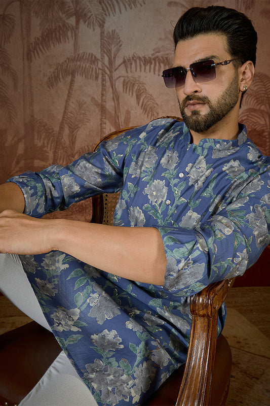 Ethnic Bay Mens Blue Silk Blend Floral Printed Kurta MKU2567