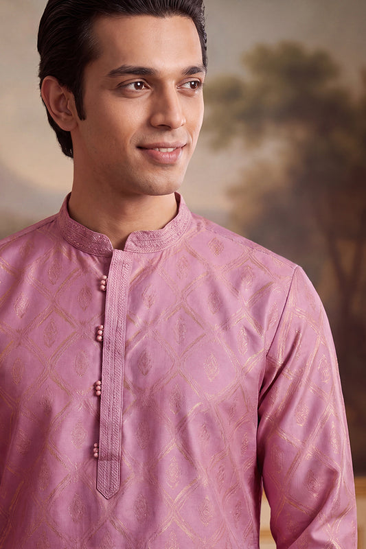 Ethnic Bay Mens Pink Jacquard Geometric Embroidered Kurta With Trouser MKSET2568