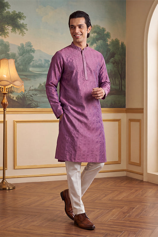 Ethnic Bay Mens Purple Jacquard Ethnic Motifs Embroidered Thread Work Kurta MKU2583