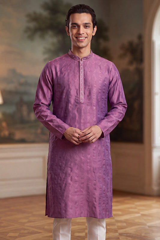 Ethnic Bay Mens Purple Jacquard Ethnic Motifs Embroidered Thread Work Kurta With Trouser MKSET2583